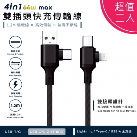 【好買點數放大】【超值二入】Songwin PD66W 4in1雙插頭快充傳輸線/耐彎折編織線（120cm）