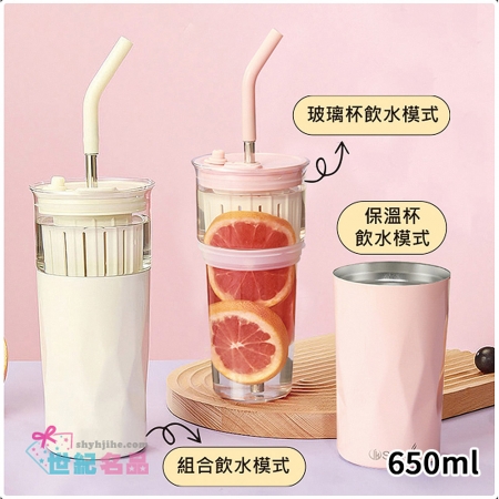 DOLEE 炫彩玻璃不鏽鋼隨行杯650ml附吸管（顏色隨機出貨） W81