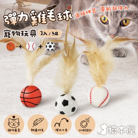 貓本屋 彈力雞毛球寵物玩具（3入組） 足球＋籃球＋棒球