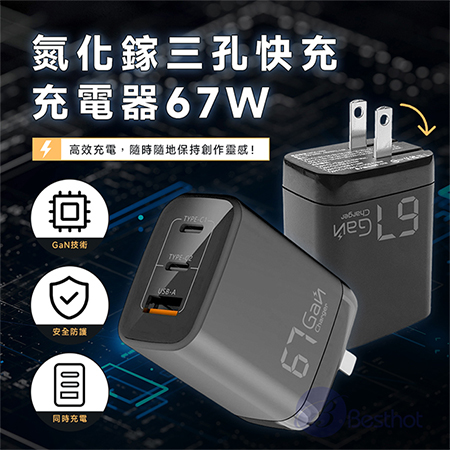 【Besthot】MCK-U367 氮化鎵三孔快充充電器67W 快充 充電器 豆腐頭
