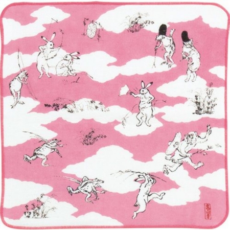 京都無捻紗方巾-鳥獸戲畫-追猿（粉）