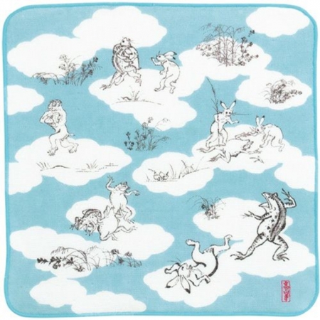 京都無捻紗方巾-鳥獸戲畫-相撲（藍）