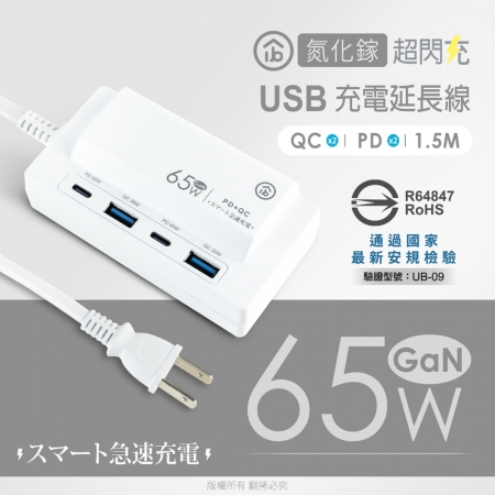 aibo PD65W 氮化鎵GaN PD＋QC3.0雙閃充四孔USB充電1.5M延長線