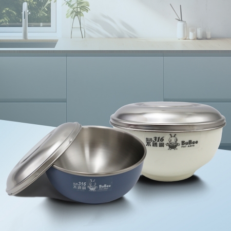豆豆316不鏽鋼隔熱碗-附不鏽鋼蓋-14cm-莫蘭迪藍x1＋白色x1