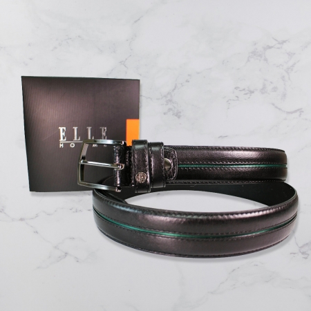 法國ELLE HOMME 頂級鋅合金休閒皮帶（寬3.5cm）黑色 107065