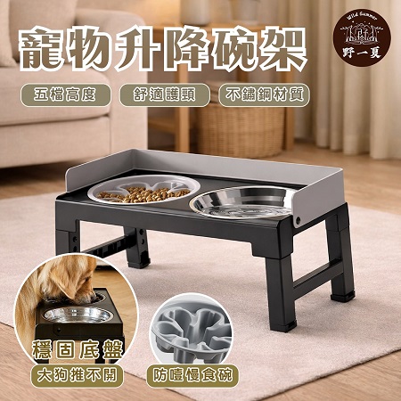 【Wild Summer】可升降式寵物進食餐桌-附兩不鏽鋼碗 狗碗 寵物碗 飼料碗 餵食碗 高腳碗
