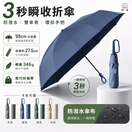 【Wild Summer】三秒瞬收 懶人自動折疊傘｜雙傘骨設計×環扣手把×熱壓記憶折痕×抗UV防潑水傘布