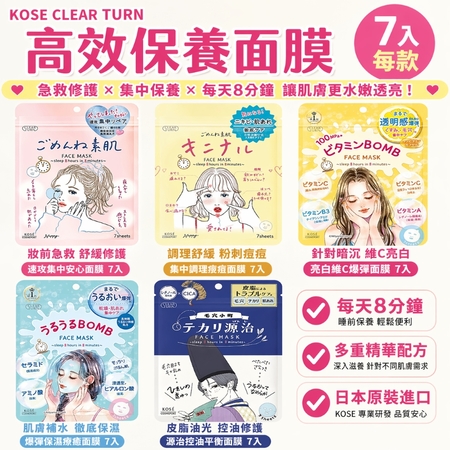 日本超人氣原裝進口【KOSE高絲光映透 8分鐘插畫面膜 7枚入】 速攻集中 保濕水感 亮白維C 美白