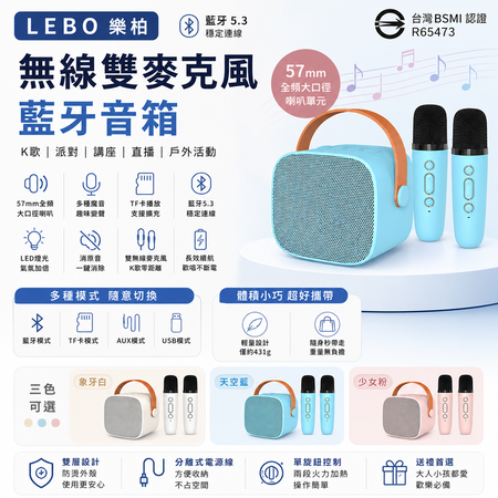 【LEBO樂柏✨無線雙麥克風音箱】台灣BSMI認證 無線藍芽音箱 去人聲 唱歌 行動ktv 