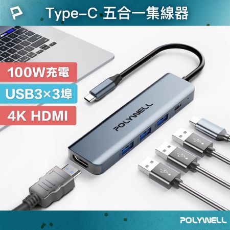 POLYWELL Type-C五合一多功能集線器 100W PD快充 HDMI USB3.0 HUB 寶利威爾 台灣現貨