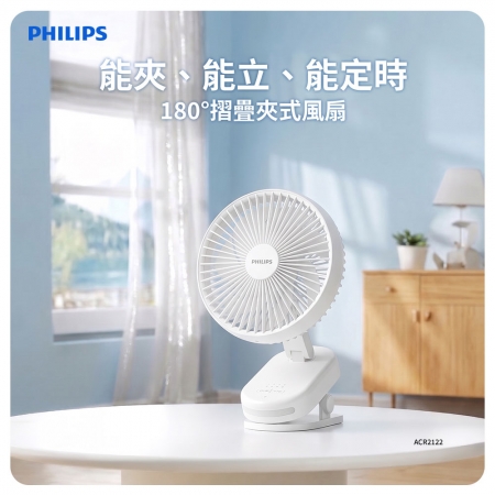 【Philips 飛利浦】180度擺頭 摺疊夾式風扇 能夾/能立/能定時（ACR2122DM）