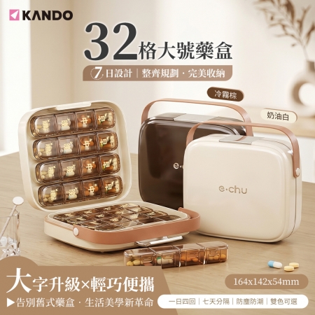 Kando e.chu-32B 32格大號藥盒 大號 密封防潮 8 條 4 分格 藥品收納盒 PP＋ABS 材質 兩色可選
