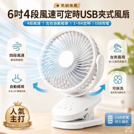【Wild Summer】6吋4段風速可定時USB夾式風扇