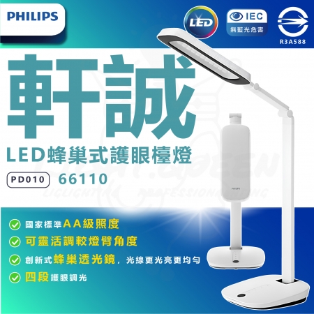 PHILIPS 飛利浦 軒誠 LED護眼檯燈 PD010 66110 白色 蜂巢式護眼 抗藍光檯燈 四段調光