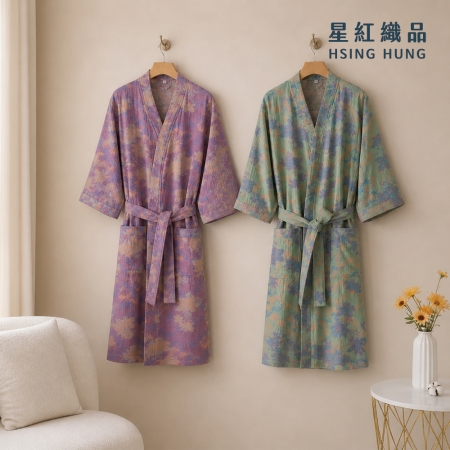 【星紅織品】典雅七分袖紗布低綿絮純棉浴袍