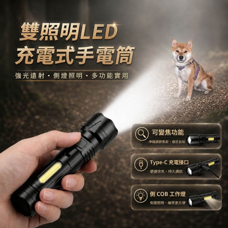 【HI-WATT】雙照明LED充電式手電筒（伸縮變焦/側燈/可伸縮調焦） HW-348