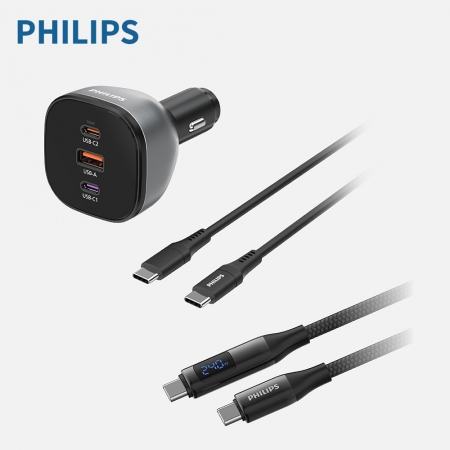 PHILIPS飛利浦 黑金剛 PD 140W 快充車充組 DLP3539C＋C to C 240W PD數位顯示編織快充線125cm DLC4582C