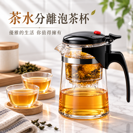 【一鍵茶水分離玻璃泡茶壺】