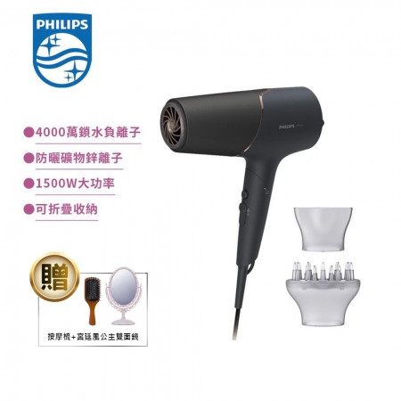 加碼贈好禮【Philips 飛利浦】智能護髮礦物負離子吹風機-霧黑金 （BHD538/21）