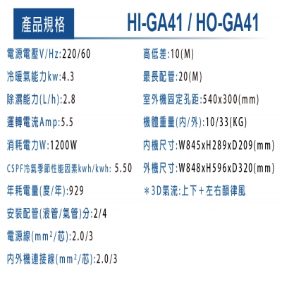 HERAN禾聯 HI-GA41_HO-GA41 R32變頻白金旗艦型1對1壁掛式空調