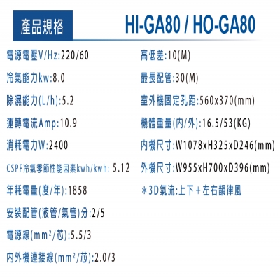 HERAN禾聯 HI-GA80_HO-GA80 R32變頻白金旗艦型1對1壁掛式空調