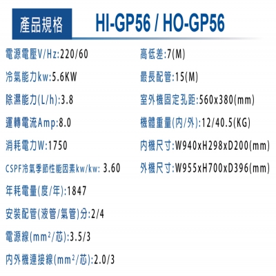 HERAN禾聯 R32白金豪華型變頻一對一壁掛冷專型（HI-GP56 HO-GP56）