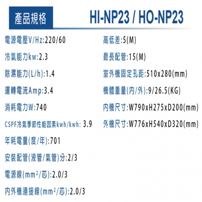 HERAN禾聯 R410A頂級豪華型變頻一對一壁掛冷專型（HI-NP23_ HO-NP23）