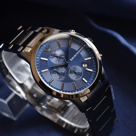 Emporio Armani 亞曼尼| 原廠平輸精品手錶優雅三眼計時鋼帶男錶- 藍