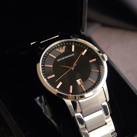 Emporio Armani 亞曼尼 | 原廠平輸精品手錶 經典素面鋼帶男錶 - 香檳x黑 AR11179