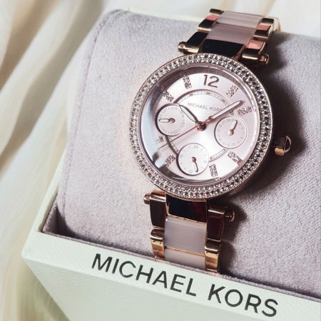 MICHAEL KORS美國原廠平輸手錶 | 璀璨晶鑽腕錶 - 玫瑰金面x玫瑰金水鑽邊框x不鏽鋼錶帶 / MK6110