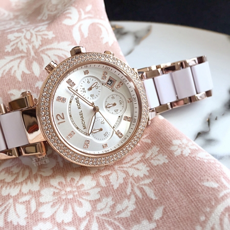 MICHAEL KORS美國原廠平輸手錶 | 晶鑽三眼腕錶 - 銀白面x玫瑰金水鑽邊框x不鏽鋼錶帶 / MK5774