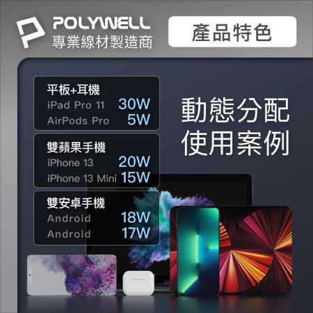 POLYWELL PD雙孔USB-C快充頭 35W Type-C充電器 GaN氮化鎵 BSMI認證 寶利威爾 台灣現貨