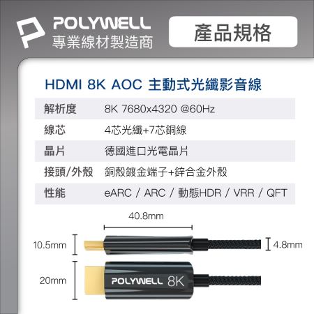 POLYWELL HDMI 8K AOC光纖線 10米 4K144 8K60 UHD 工程線 寶利威爾 台灣現貨