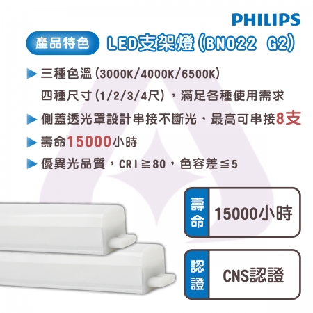 Philips 飛利浦 BN022 G2 明亮LED支架燈系列 16W 4呎-附串接線 白光/中性光/黃光（12入組）