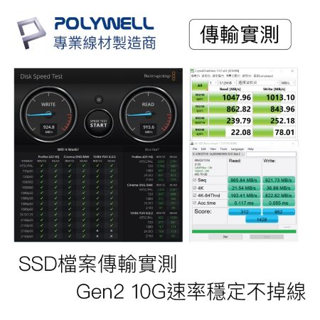 POLYWELL USB 3.1 3.2 Gen2 10G 100W Type-C 1米 高速傳輸充電線 寶利威爾 台灣現貨