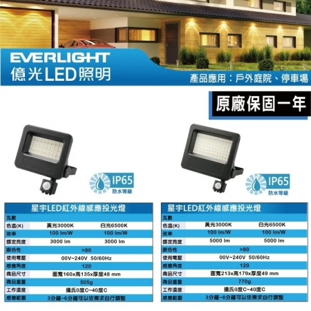 【Everlight 億光】50W 星宇感應LED投光燈 感應燈 IP65（白光/黃光） 防水 感應 戶外燈具