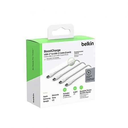 Belkin 60W PD快充＋USB C傳輸 編織線 2m （限定款2入組）超長款-白 CAB004bt2MWH2PK