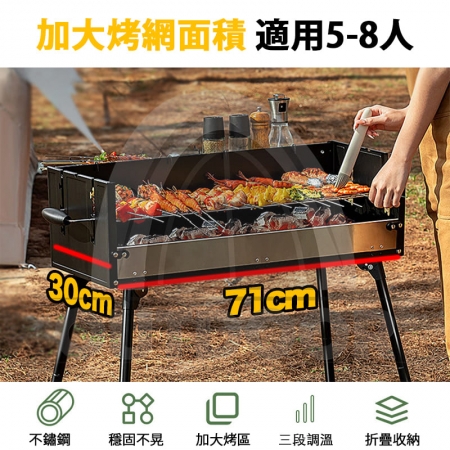 【野一夏】露營烤肉架組｜一體成型大烤區×三檔火力調節×安全鎖扣 折疊好攜帶＋贈加粗烤網＋置物架＋收納袋（適用5–8人）