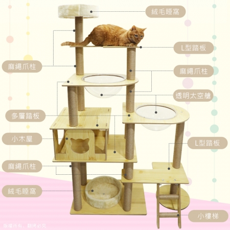 貓本屋 升級版雙太空艙 多層木紋貓跳台（160cm）