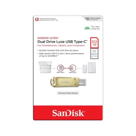 SanDisk 512G Ultra Luxe USB Type-A & Type-C 雙用隨身碟 金屬 OTG 香檳金（SD-DDC4-GD-512G）