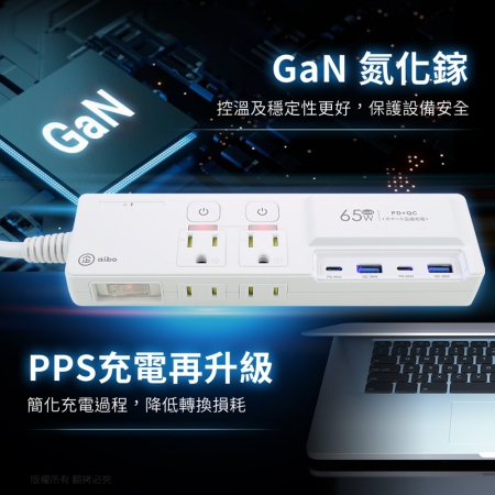aibo GaN氮化鎵 3開4插 高溫斷電智慧 PD65W超閃充USB延長線（1.8米）