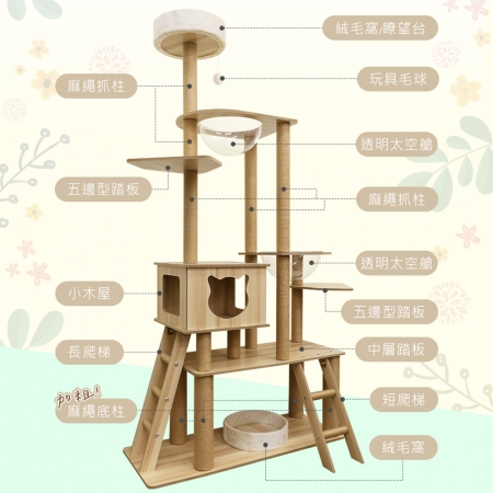貓本屋 挑高雙太空艙 雙爬梯多層貓跳台（190cm）