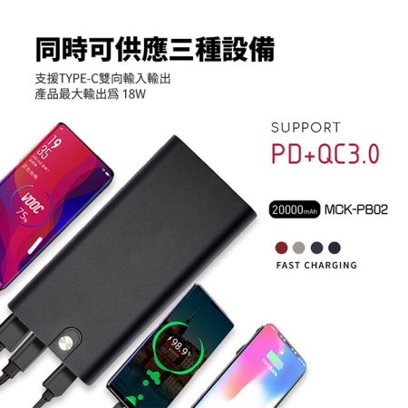 MIT電霸 PD＋USB 18W 鋁合金 20000快充行動電源（台灣製造）