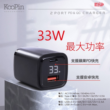 【KooPin】33W液晶顯示 雙孔PD＋QC 手機平板筆電快速充電器