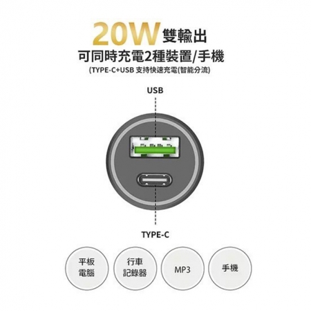 台灣製造 20W PD＋QC雙協議快速車充/雙孔車用充電器（Type-C/USB-A）