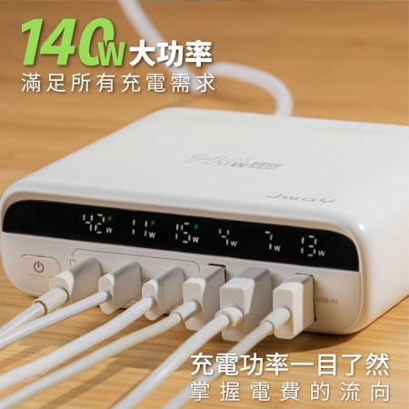  JWAY 智慧顯示140w氮化鎵6孔快充 JY-GAN140W