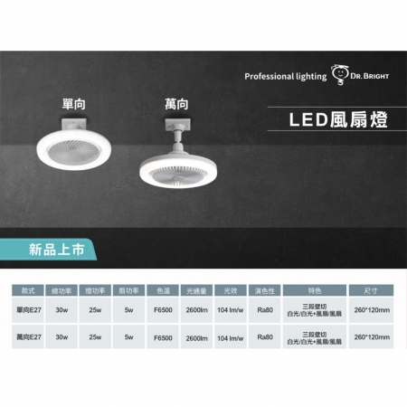 【亮博士】單向款 30W LED風扇燈泡 風扇燈 E27 燈泡 風扇 壁切 三段式切換（白光 6500K）