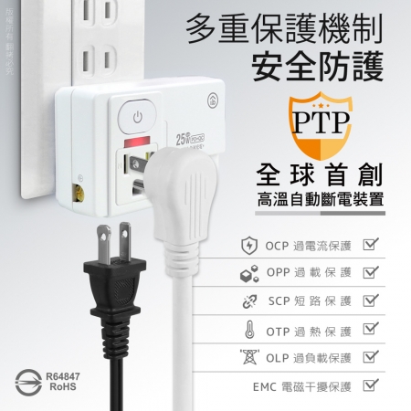 aibo 氮化鎵 平壓式1開2插 高溫斷電智慧 PD25W快充 USB壁插