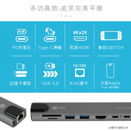 aibo TX8 Type-C 鋁合金八合一多功能影音 智能擴充器