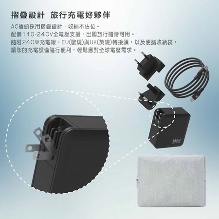 【Wephone】GaN氮化鎵 165W 手機平板筆電快充充電器（附贈出國轉接頭、充電線、收納袋）